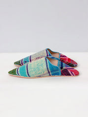 Moroccan Boujad Pointed Babouche Slippers, Blue Green Stripe