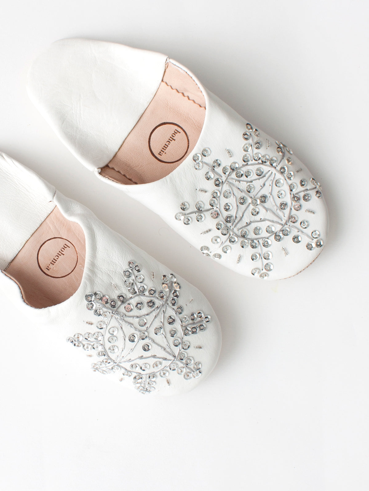 Moroccan Babouche Sequin Slippers, White and Silver