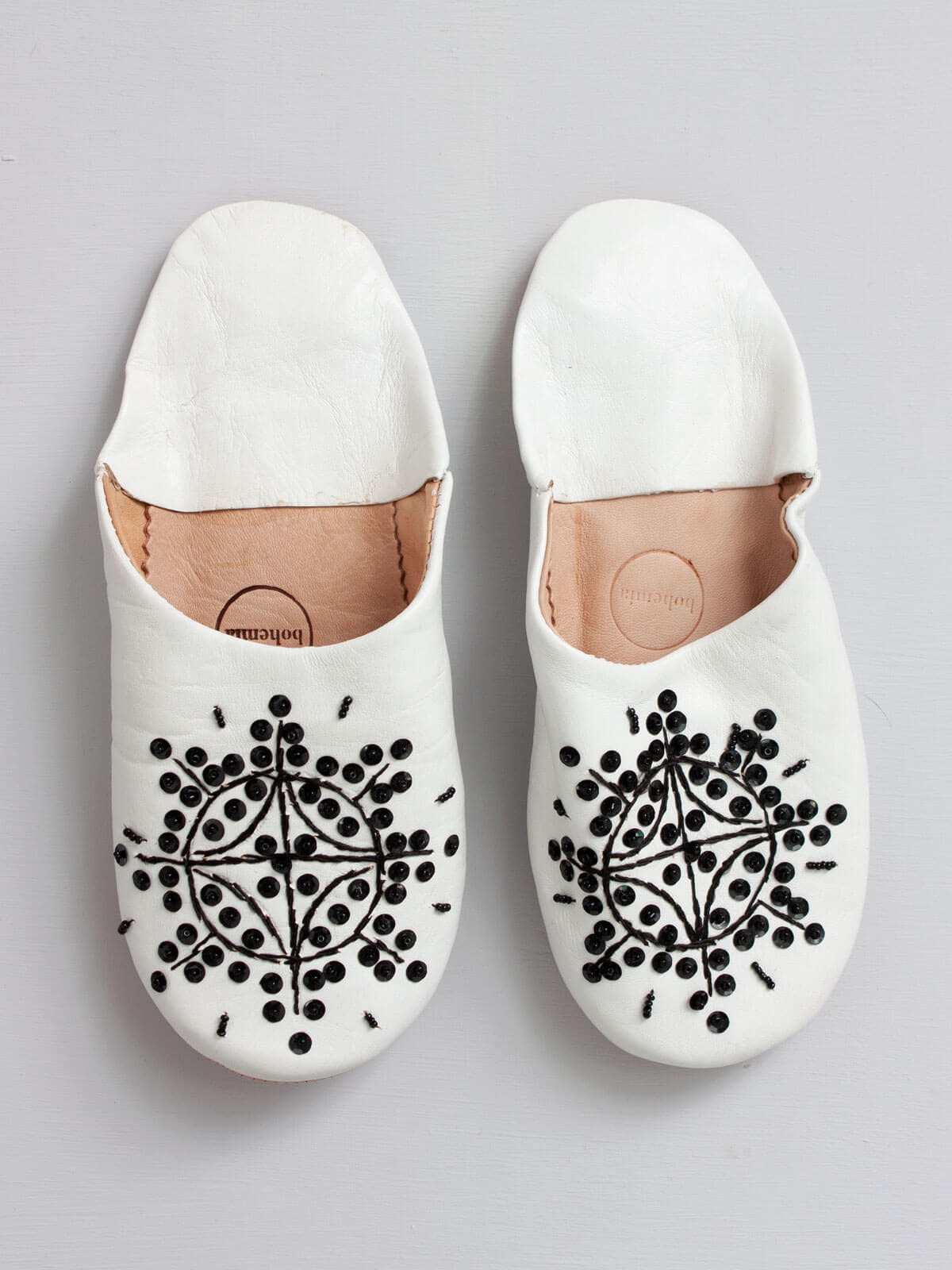 Moroccan Babouche Sequin Slippers, White and Black