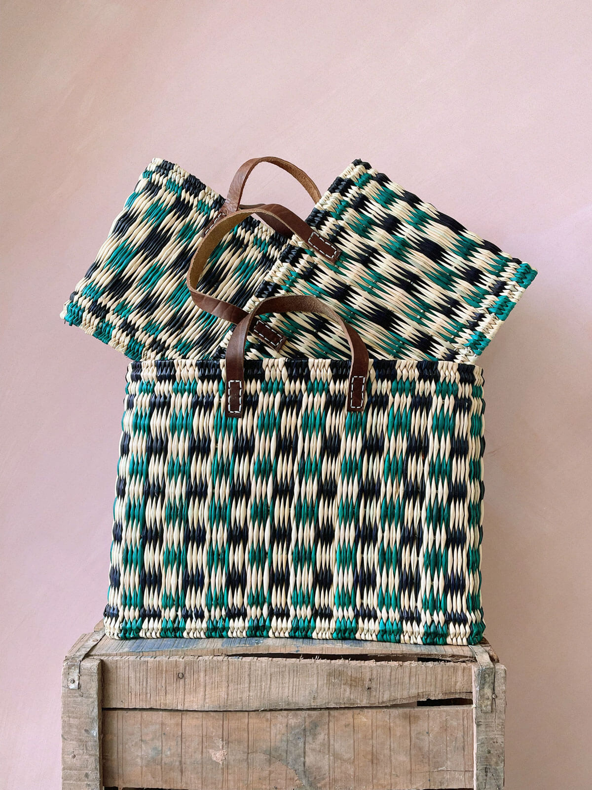 Chequered Reed Basket, Indigo + Green