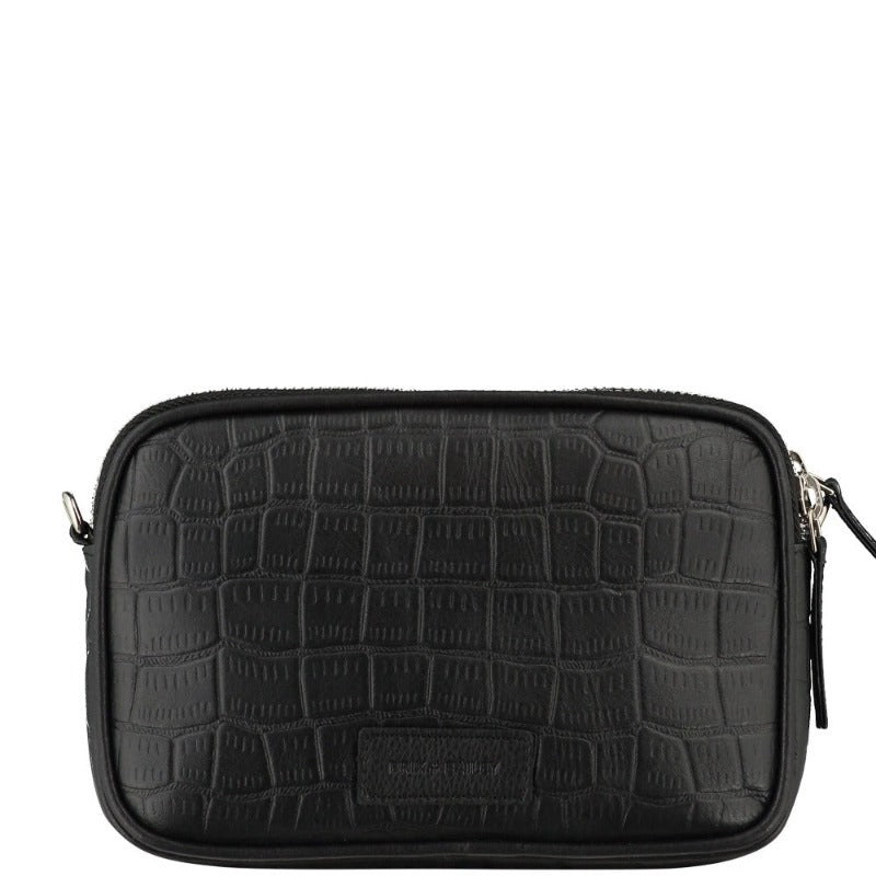 Black Croc Print Leather Crossbody Bag
