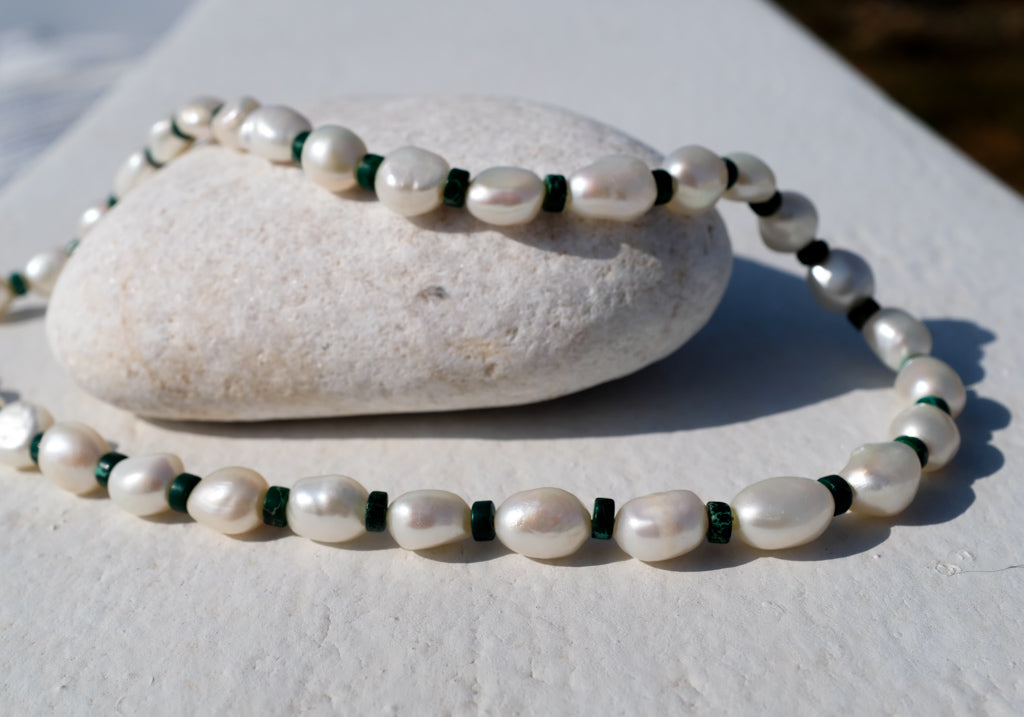 Tinos Necklace- Chunky Freshwater Pearl and Malachite