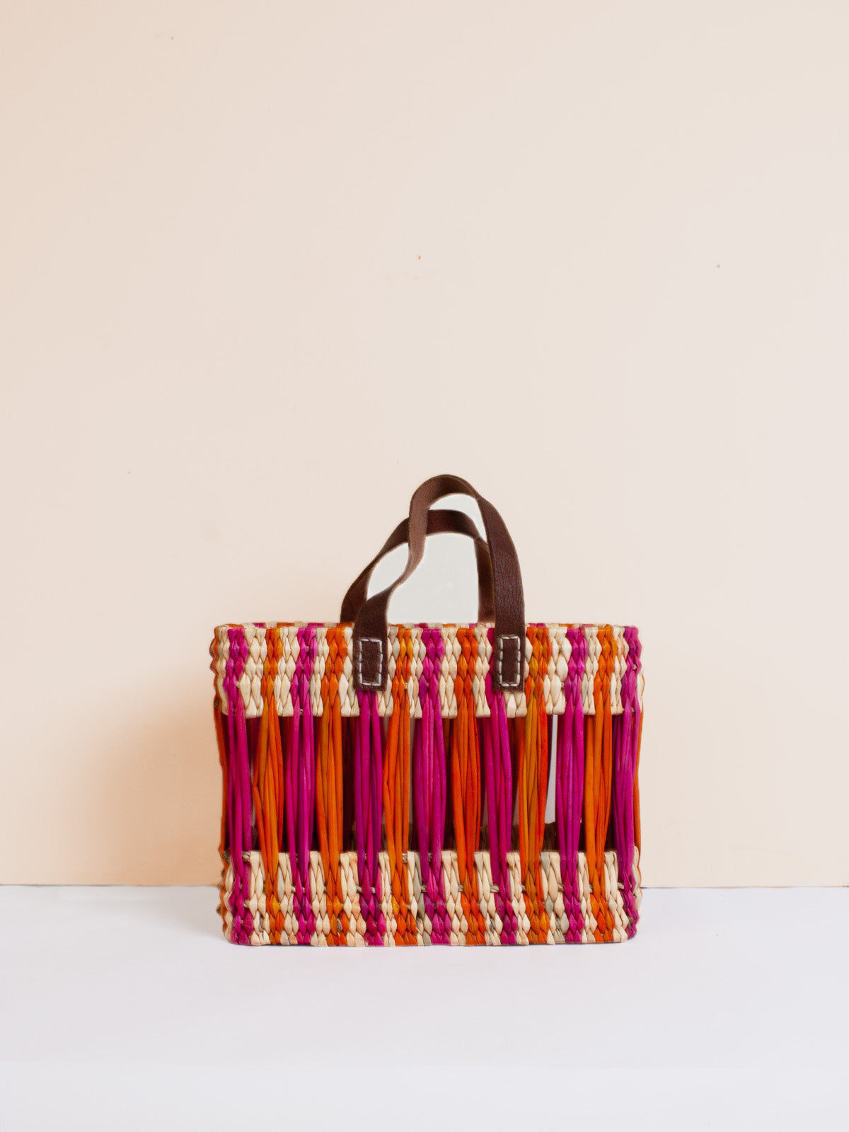 Decorative Reed Basket, Pink and Orange Stripe