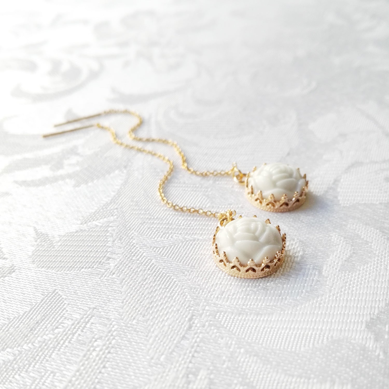Mini Porcelain Rose With Gold-Filled Chain Earrings