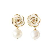 Golden White Cloud Rose Pearl Drop Earrings