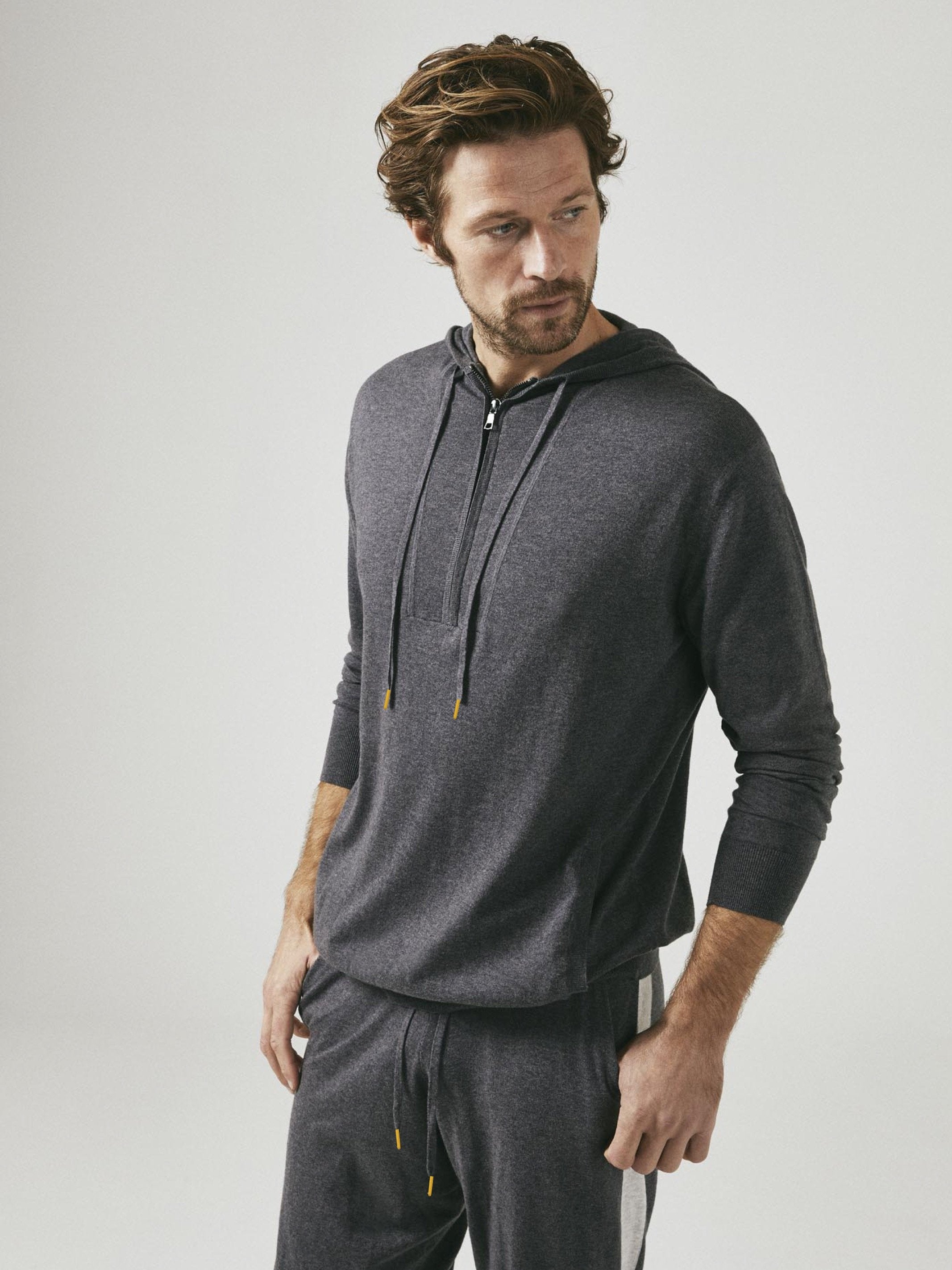 Cashmere & Cotton Knitted Hoody & Track Lounge Set - Grey / White Strip
