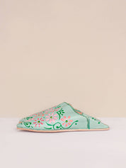 Hand Painted Flower Babouche Slippers, Sage