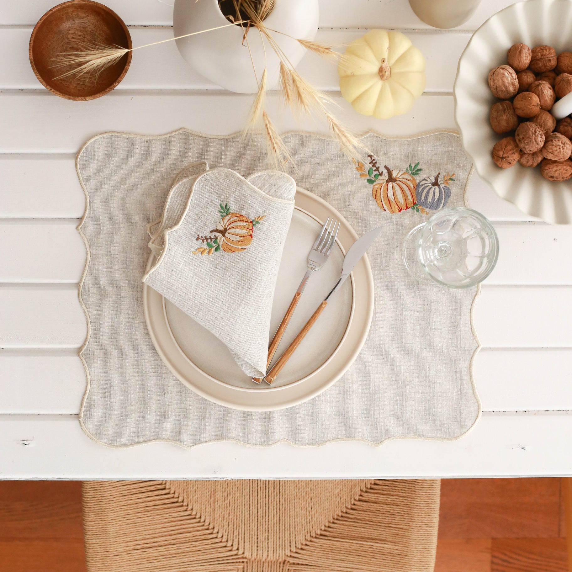 Set of 2 Pumpkin Embroidery Linen Napkin