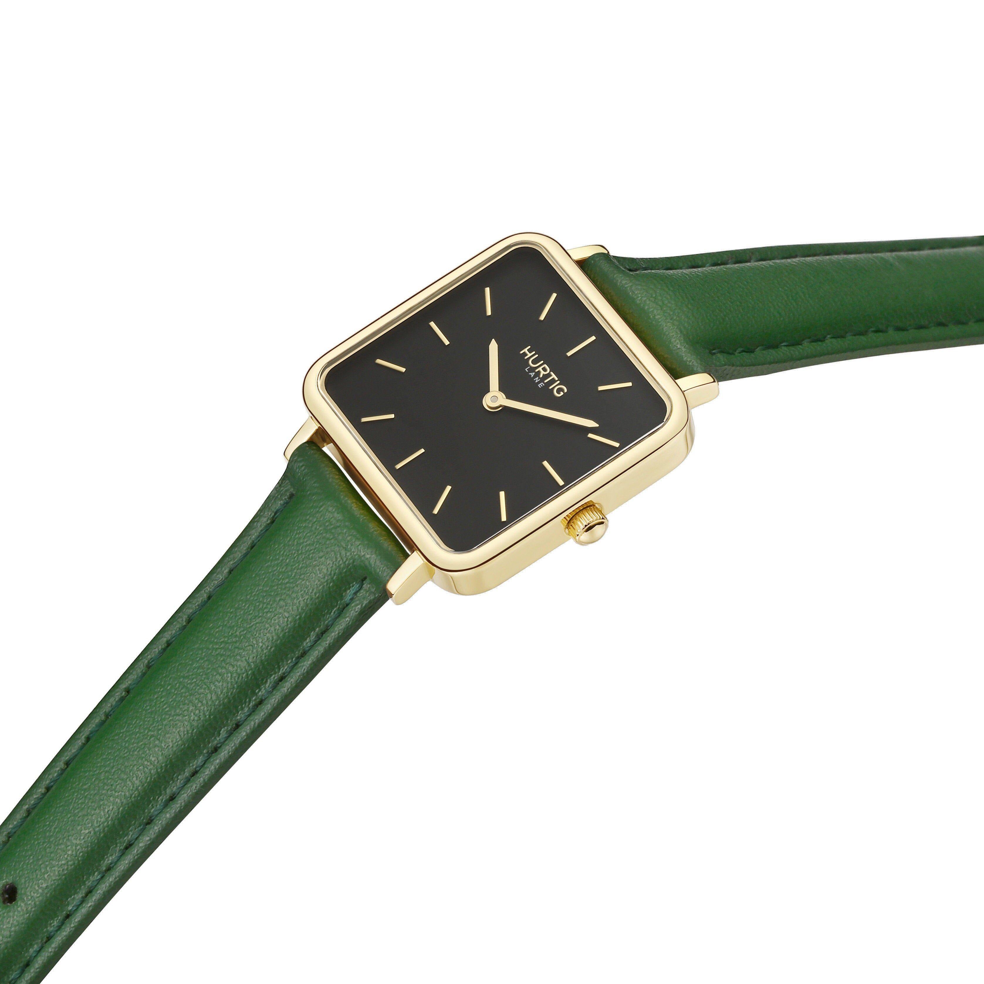 Neliö Square Vegan Leather Watch Gold,Black & Green