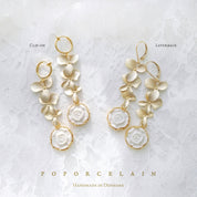 Porcelain Moonlight Rose And Triple Leaves Clip-On Earrings