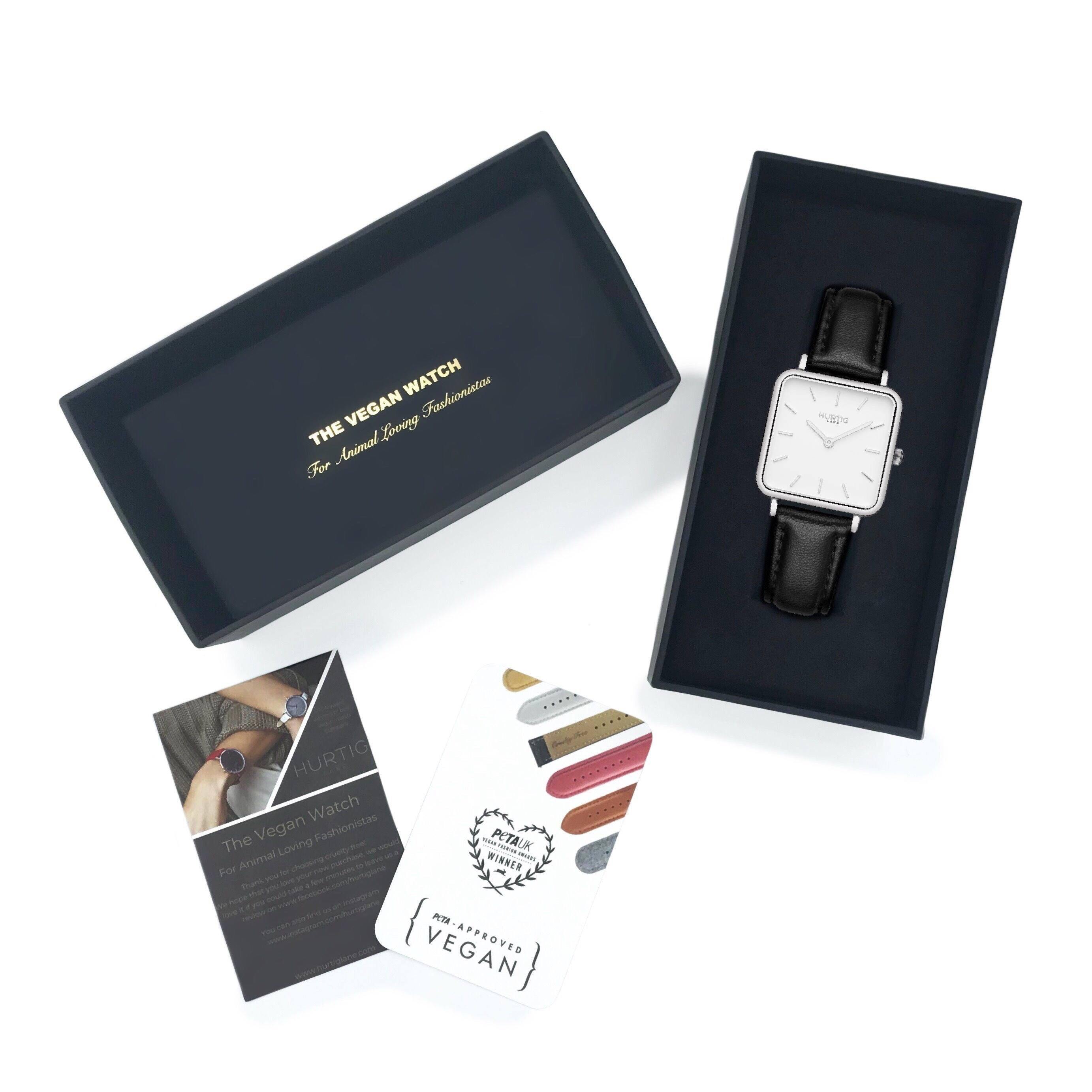 Neliö Square Vegan Leather Watch Silver, White & Black