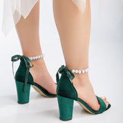 Sophia - Green Velvet Pearl Wedding Sandals