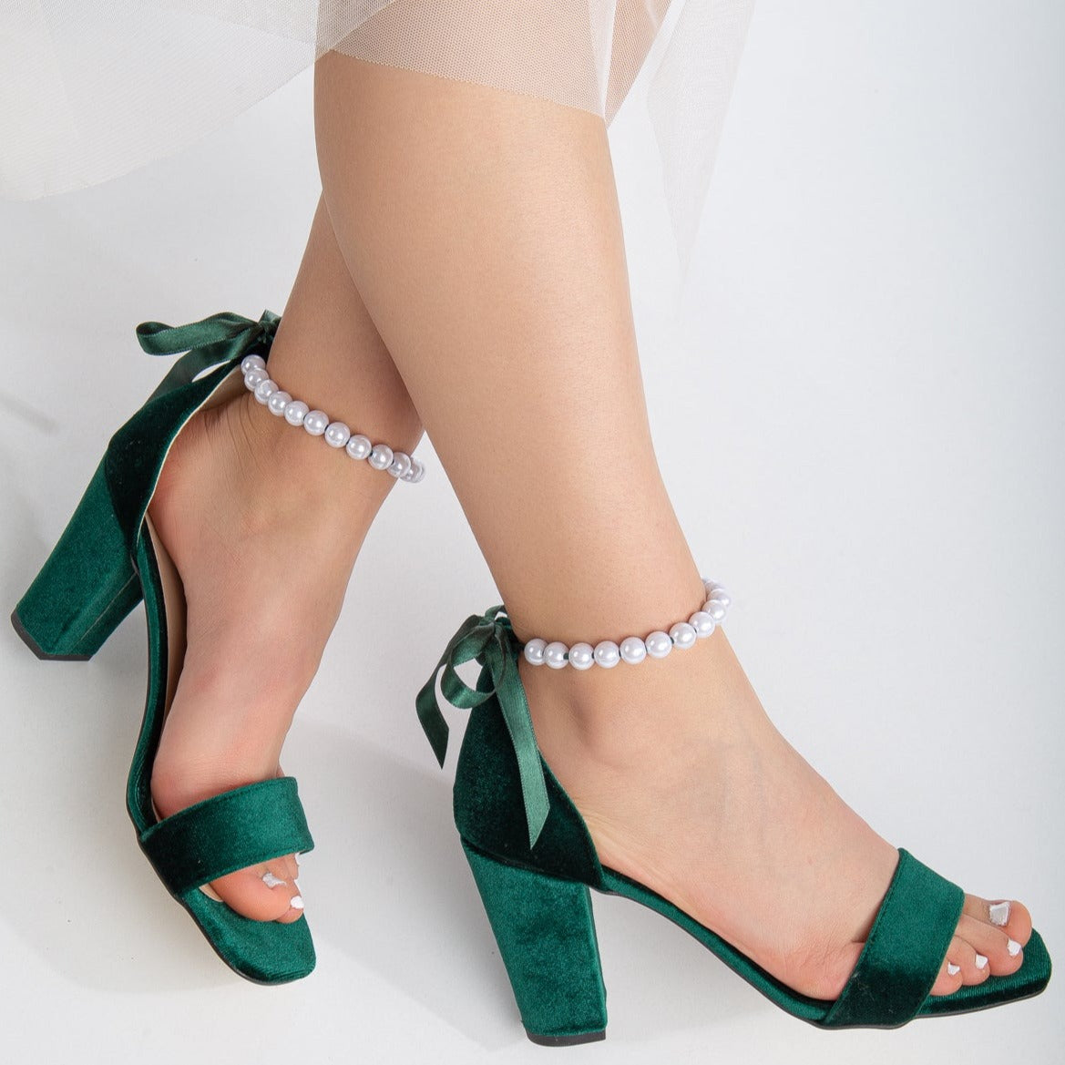 Sophia - Green Velvet Pearl Wedding Sandals