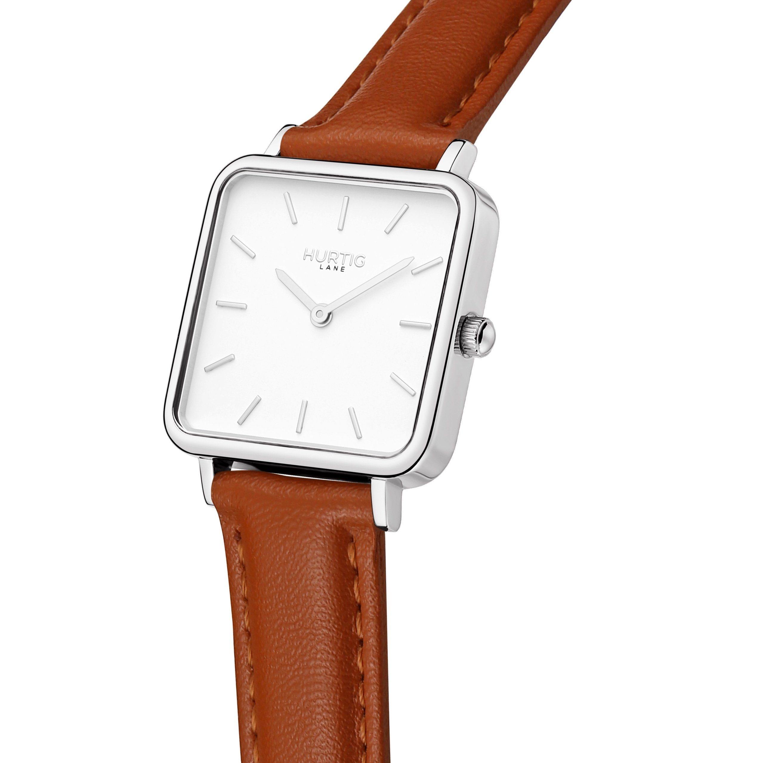 Neliö Square Vegan Leather Watch Silver, White & Tan