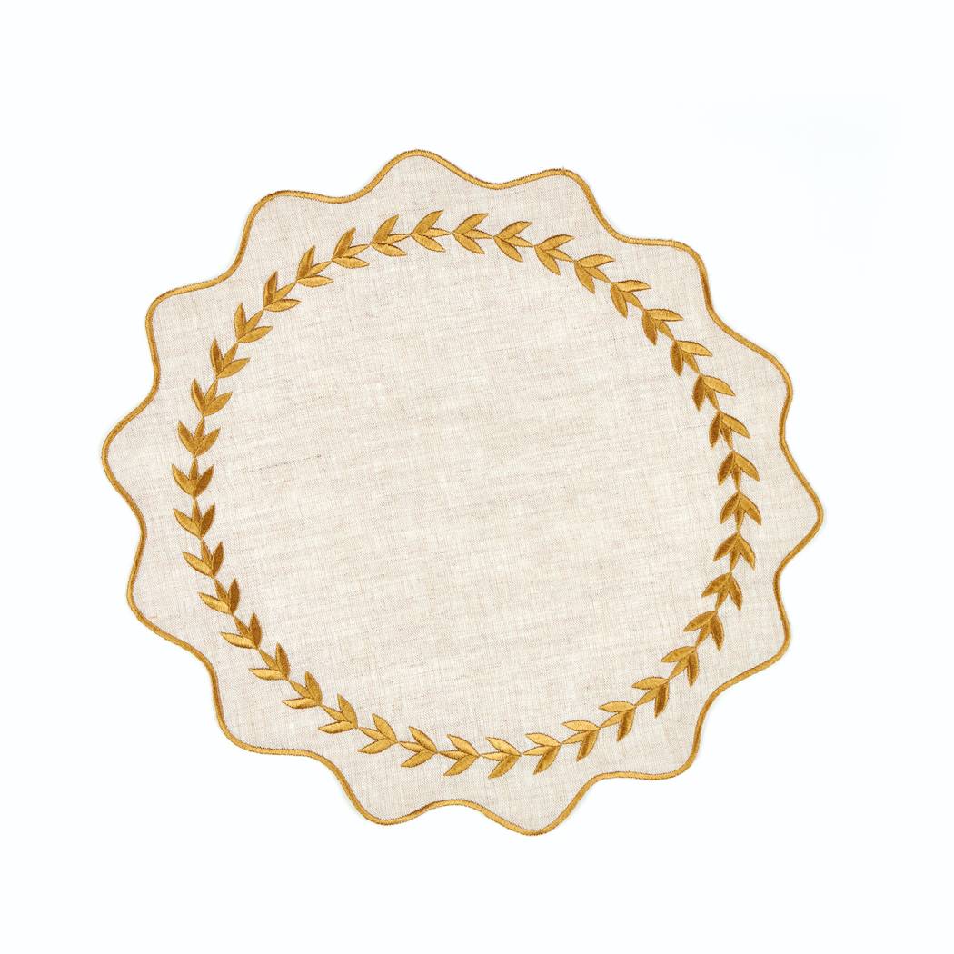 Golden Leaves Embroidery Linen Round Placemat (Set of 2)