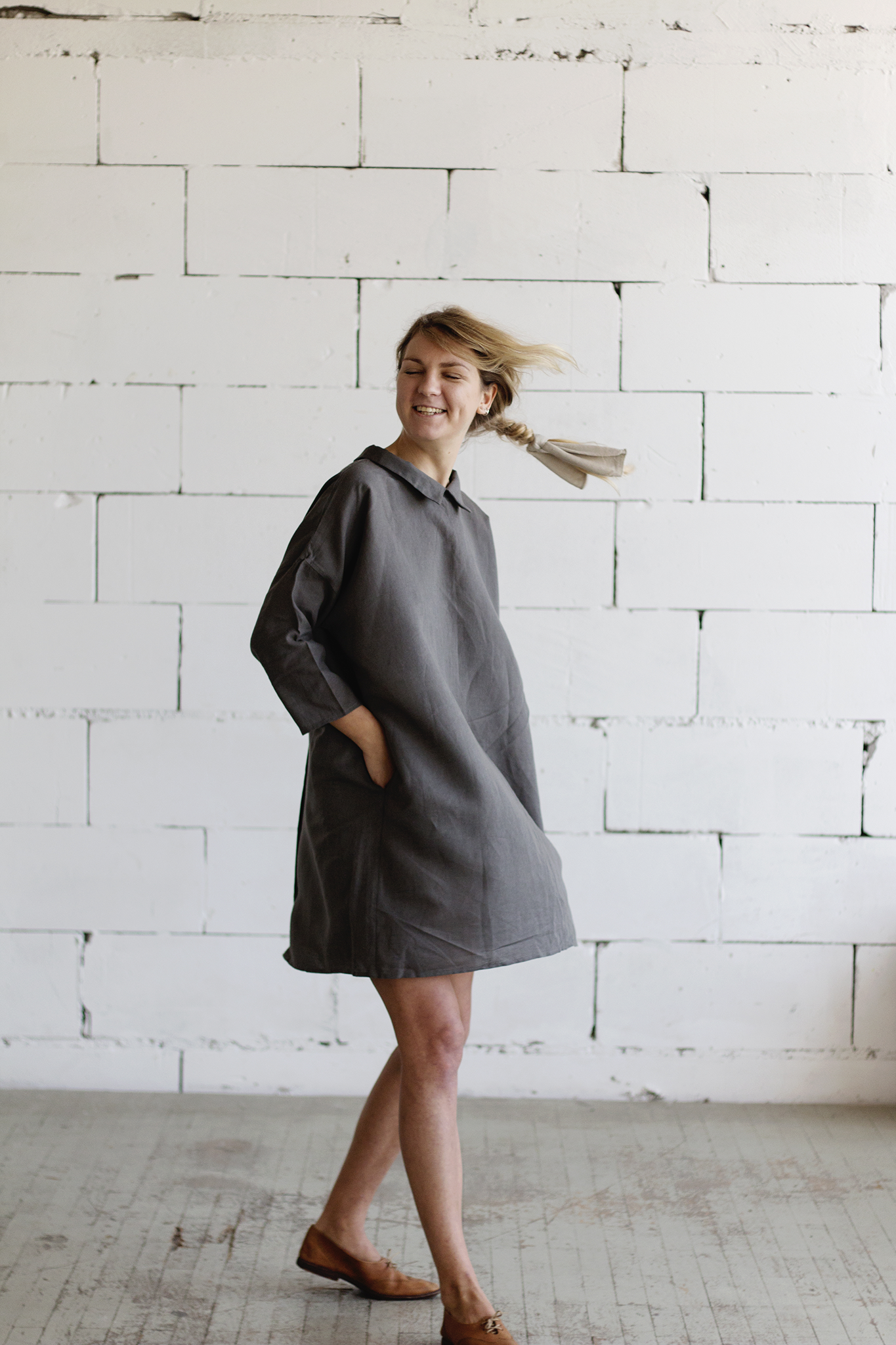 100% Linen 3/4 Sleeve Classic Dress Grey