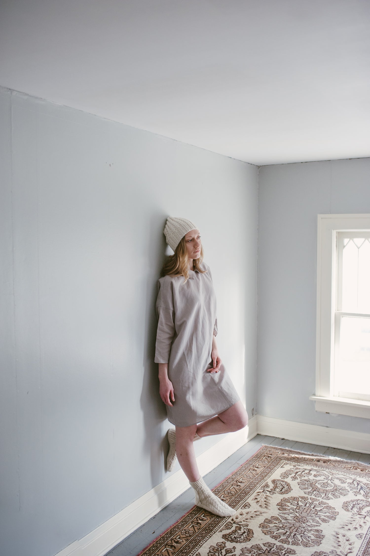100% Linen 3/4 Sleeve Classic Dress Light Grey