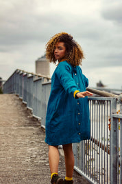 100% Linen Classic Dress Teal with Mustard Detailing