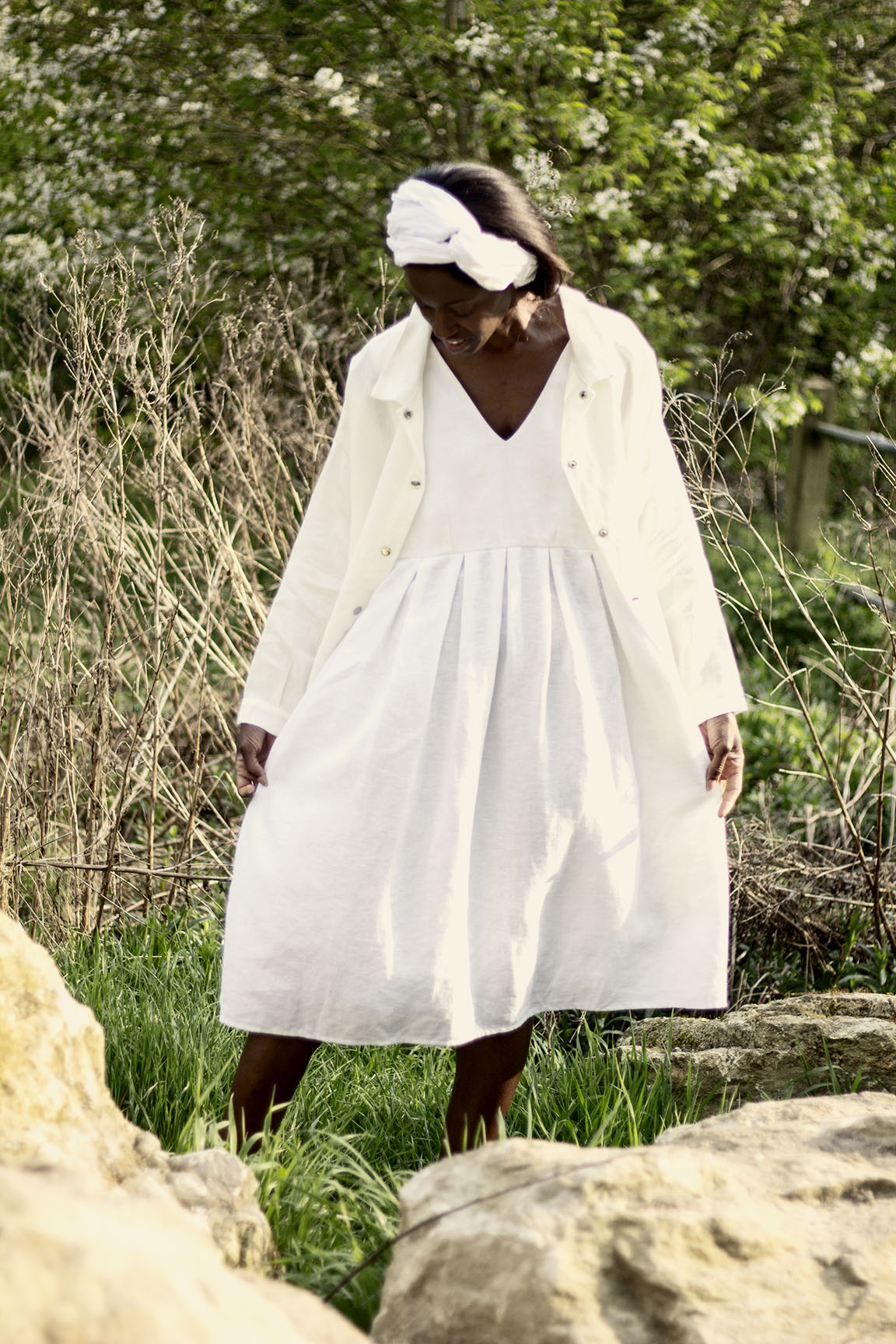 100% Linen Pinafore Dress White