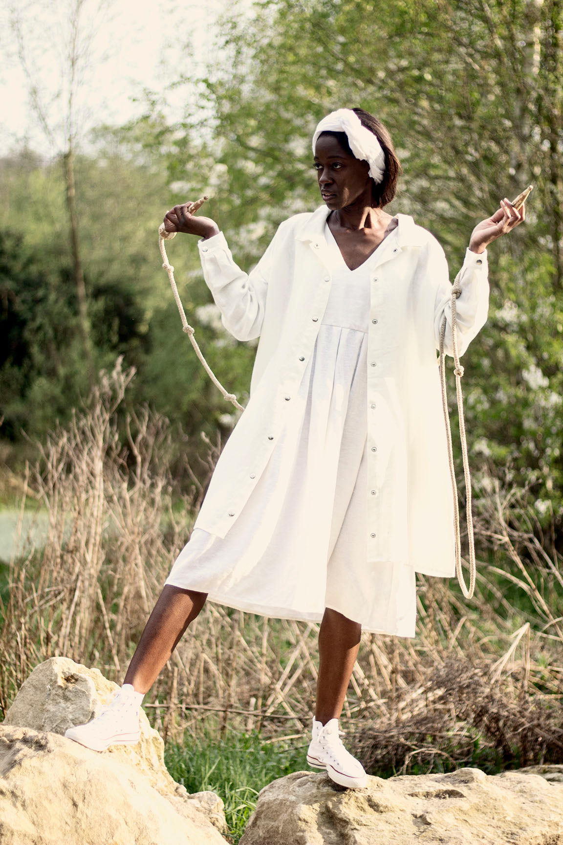 100% Linen Pinafore Dress White