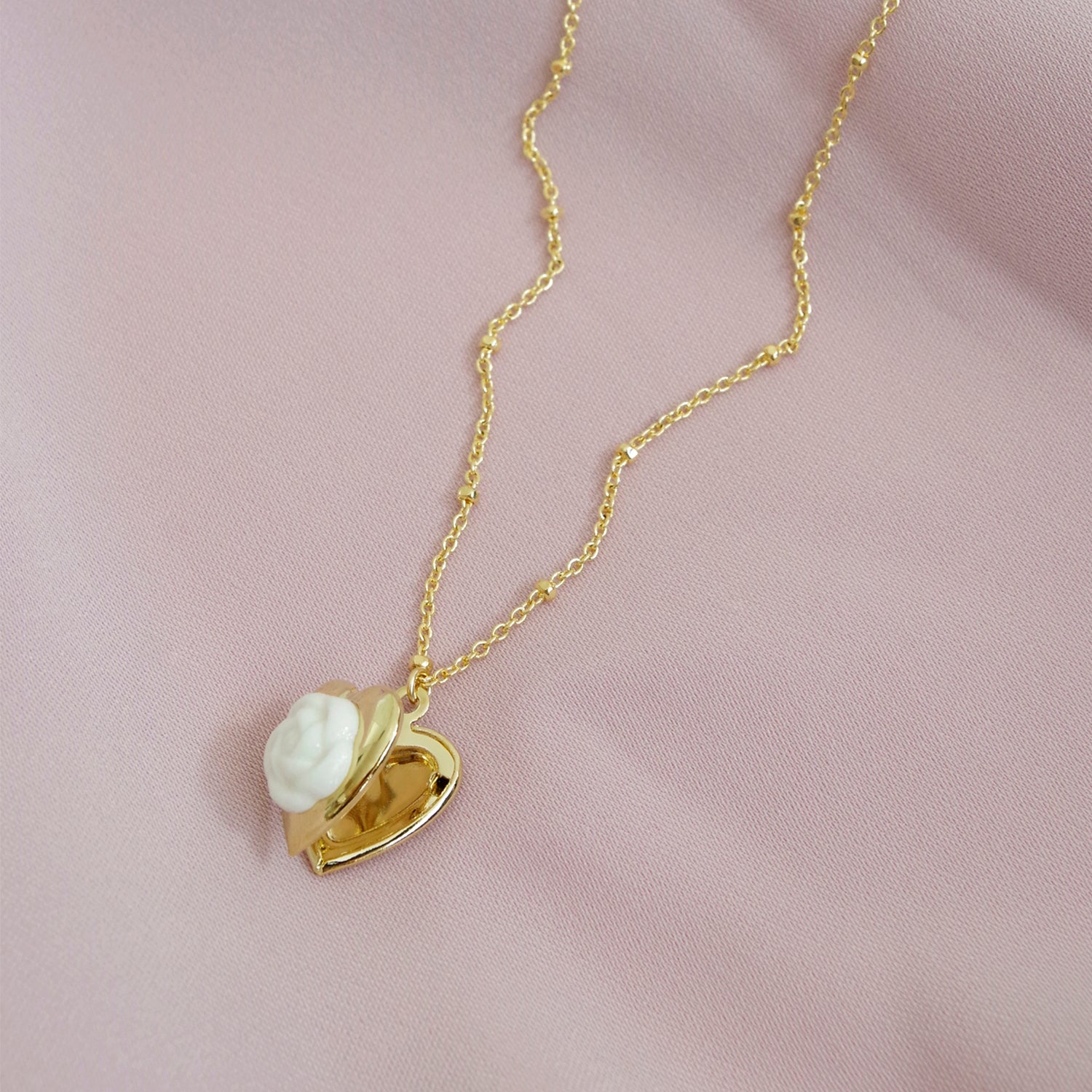 Mini Camellia Heart Locket Necklace