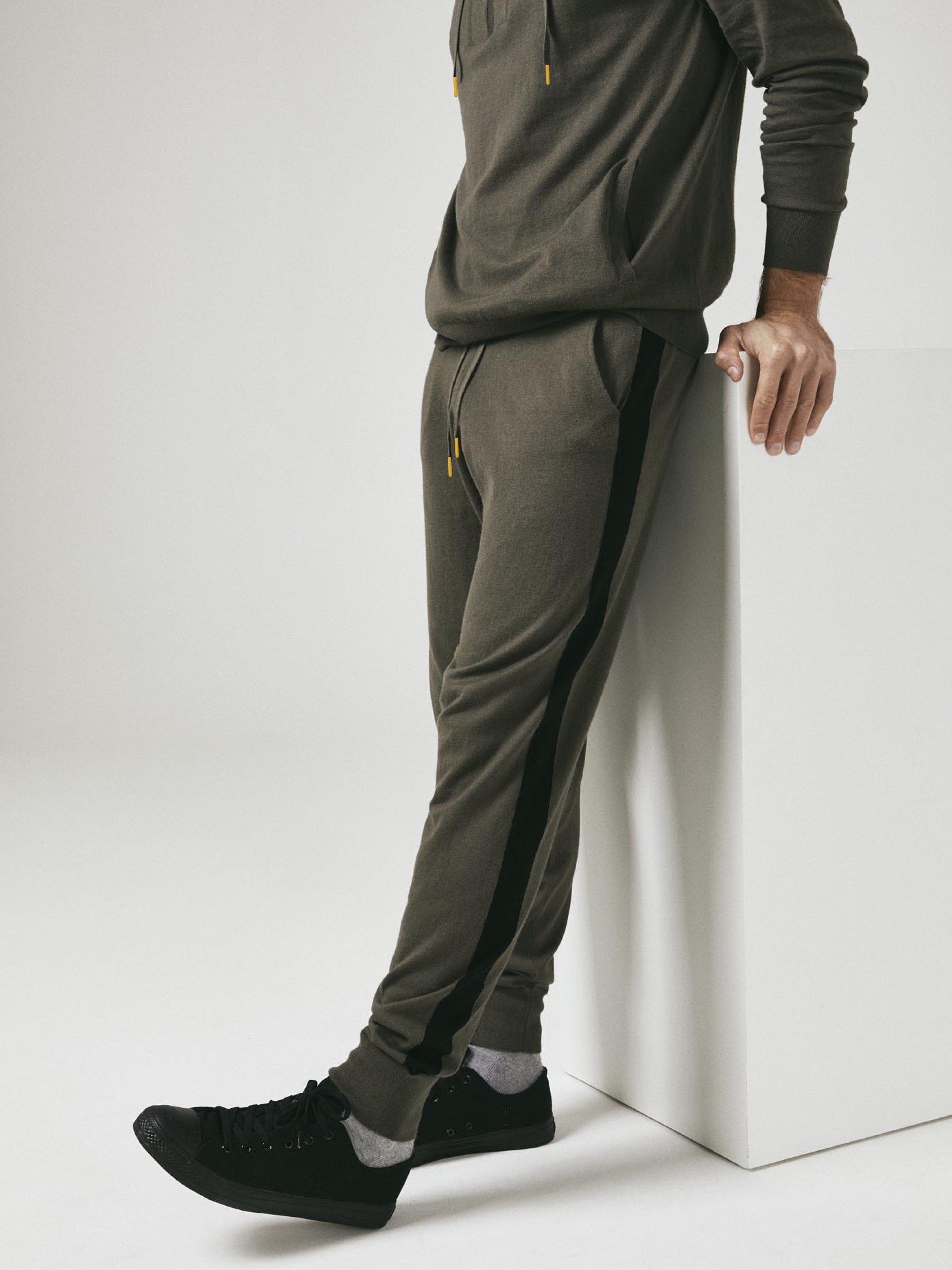 Cashmere & Cotton Knitted Hoody & Track Lounge Set - Olive / Black Strip