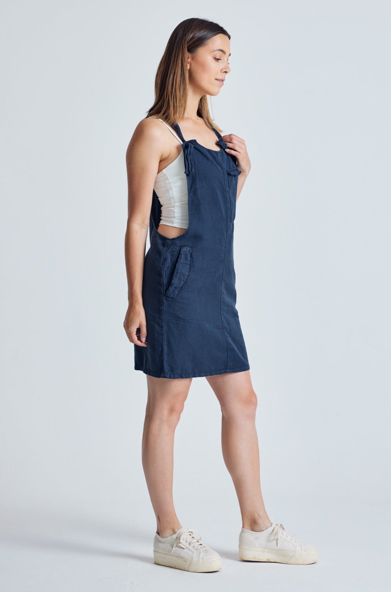 Navy Peggy Pocket Dungaree Dress - GOTS Certified Organic Cotton and Linen