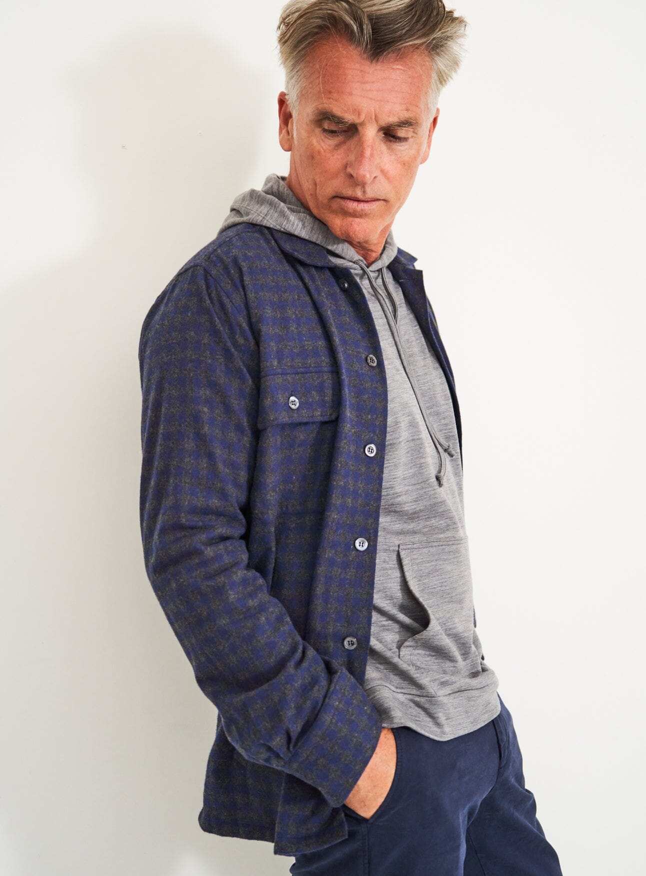 Italian Navy & Grey Check Piccadilly Flannel Overshirt