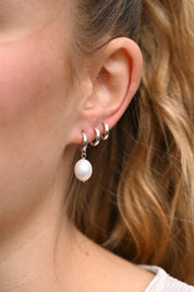 Silver Pearl Drop Huggie Hoop Earrings