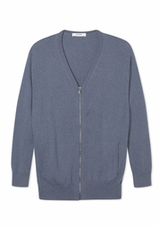 V-neck Zipped Cashmere Cardigan in Denim Blue