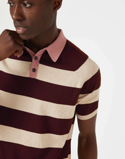 Knitted Polo Short Sleeve Tee - Neutral and Burgundy Stripe