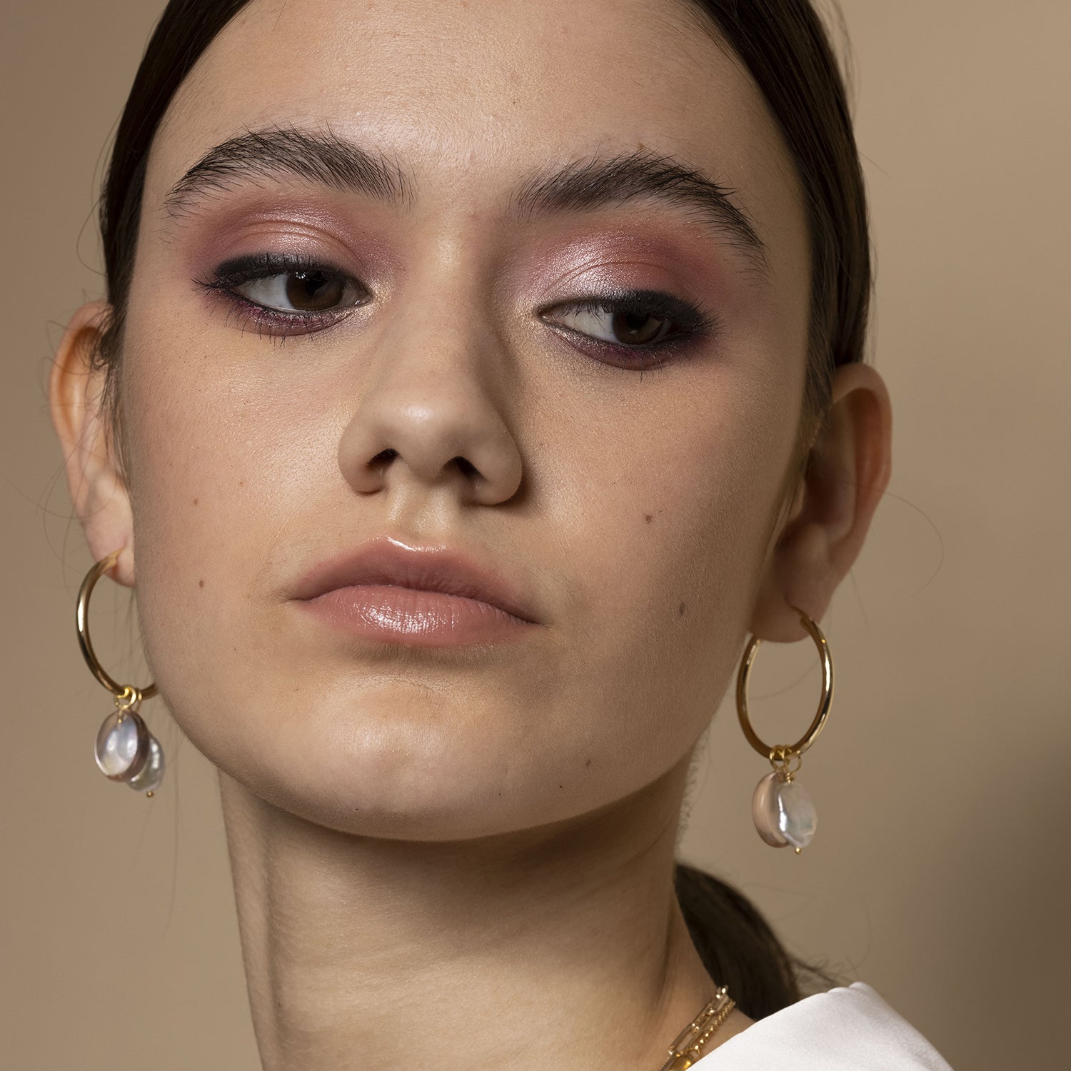 Venus Gold Hoop Earrings With Keshi Pearl  & Rose Quartz Charm