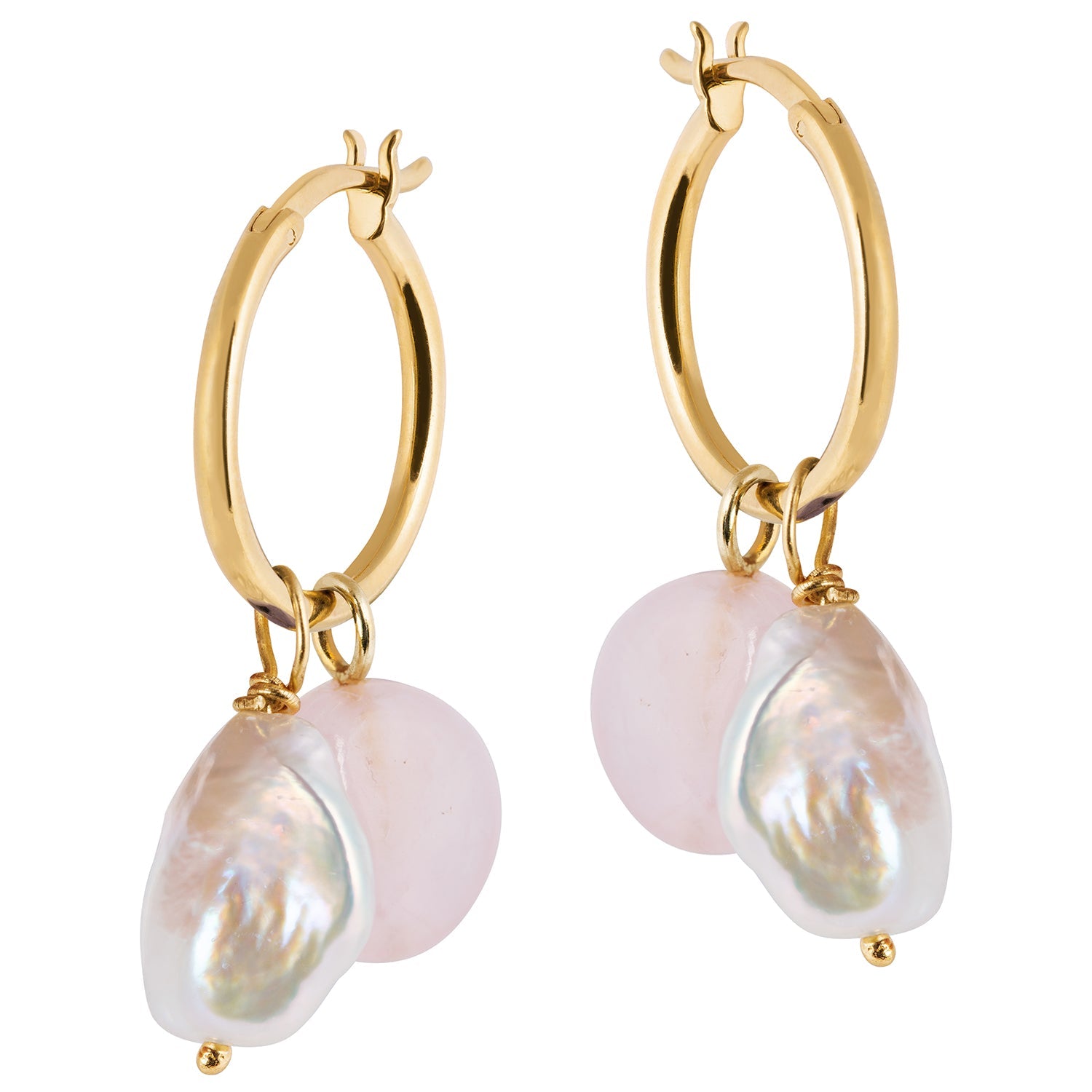 Venus Gold Hoop Earrings With Keshi Pearl  & Rose Quartz Charm