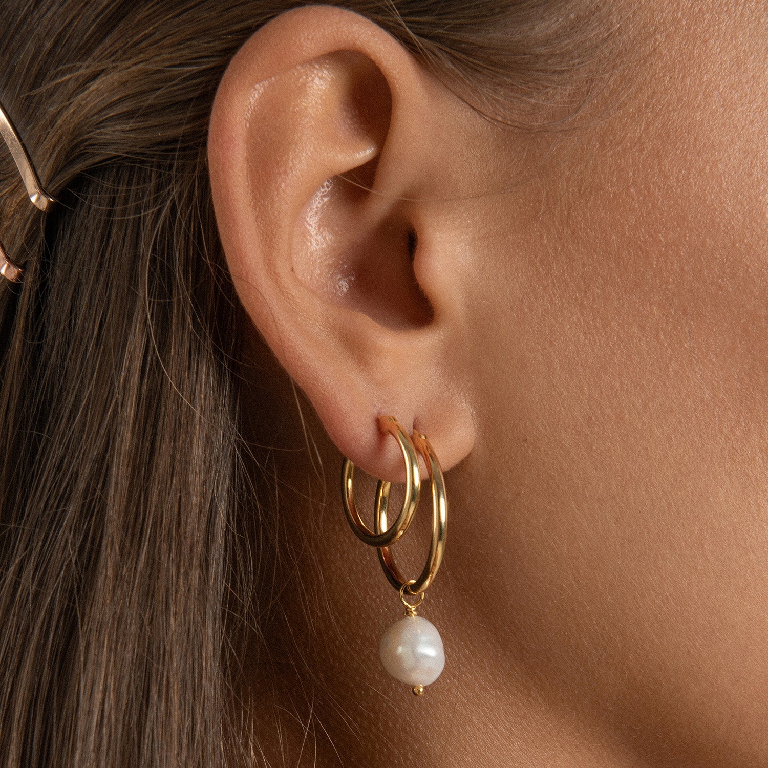 Venus Gold Hoop Earrings with Dark Grey Pearl Charm