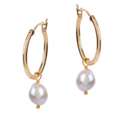 Venus Gold Hoop Earrings with Grey Pearl Charm