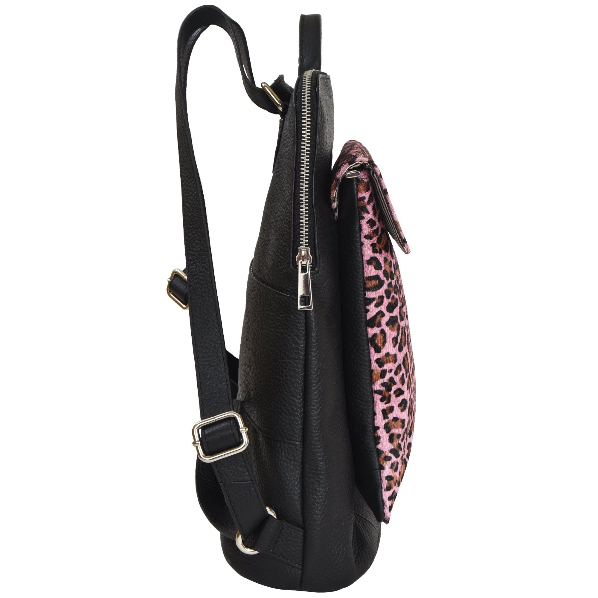 Pink Animal Print Leather Flap Pocket Backpack