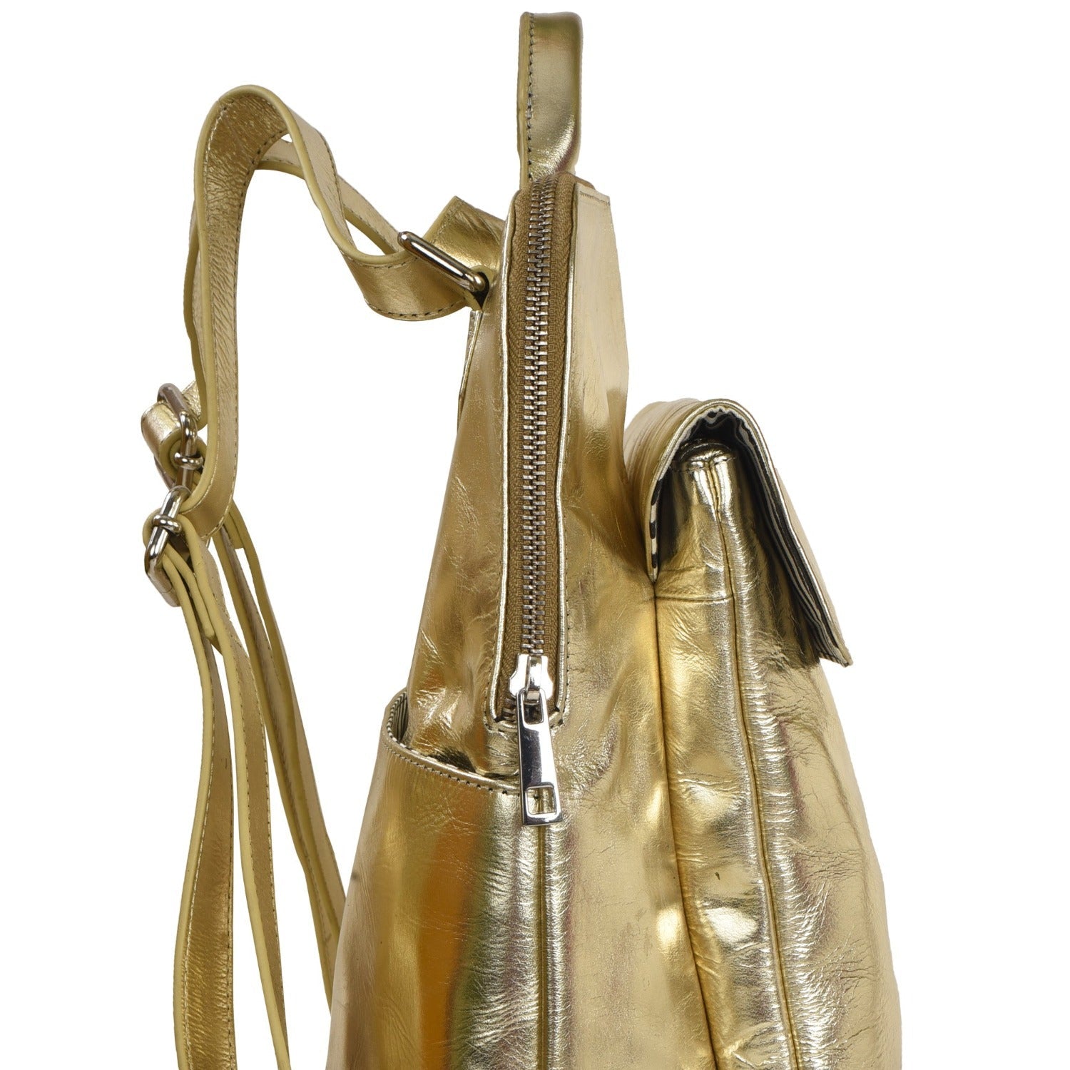 Gold Metallic Leather Flap Pocket Backpack