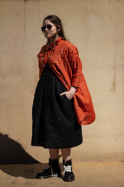 100% Linen 3/4 Sleeve Classic Dress Orange Check