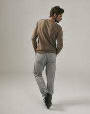 Cashmere Button Shoulder Crew Neck Sweater in Camel & Grey
