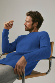 Cut & Pin 100% Cashmere Ribbed Crew Sweater In Cobalt Blue