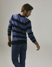Long Sleeve Cotton Cashmere Polo Shirt - Navy/Blue Stripe
