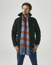 100% Recycled Cashmere Scarf in Burnt Orange & Blue Stripe