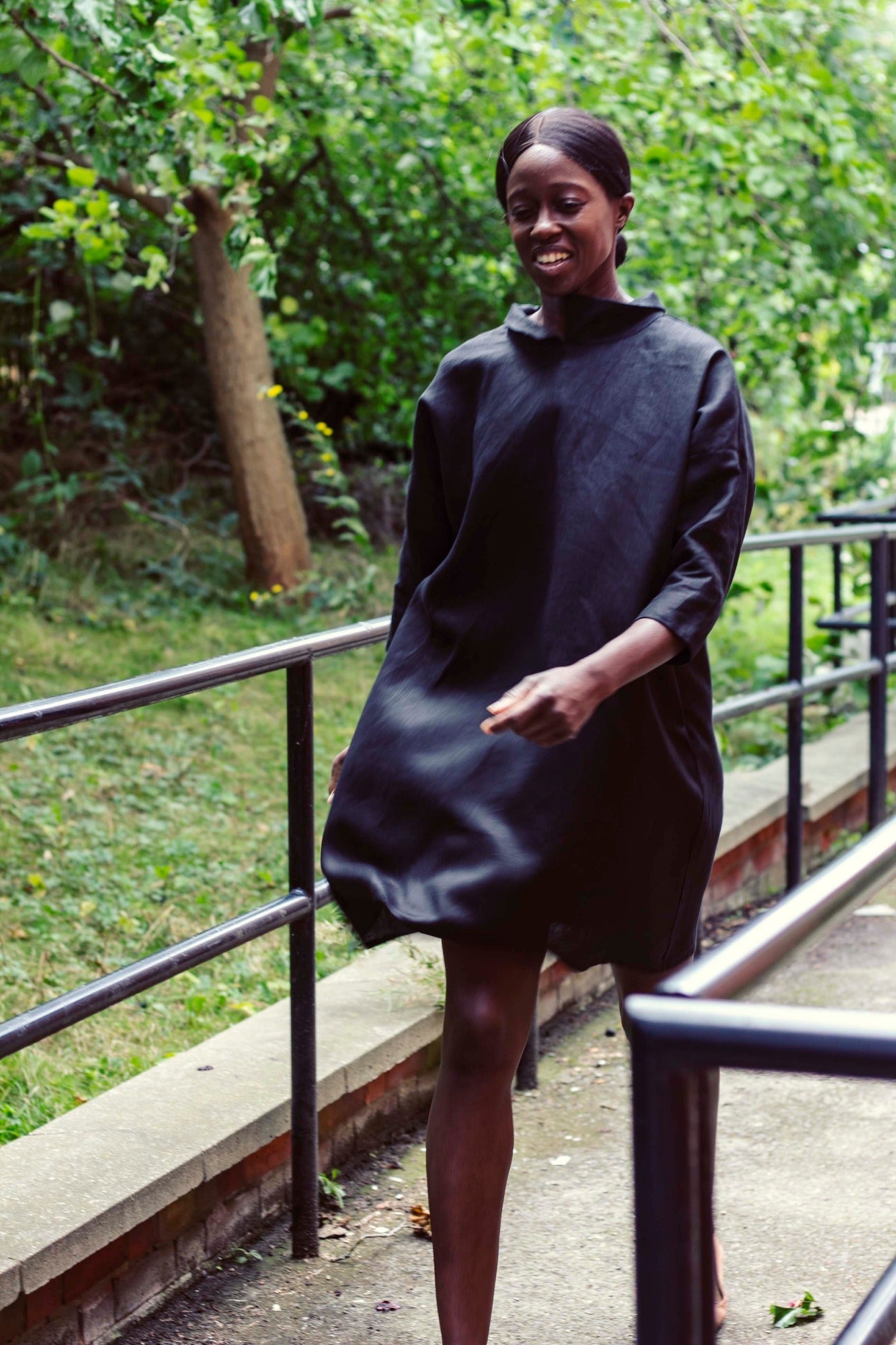 100% Linen 3/4 Sleeve Classic Dress Black