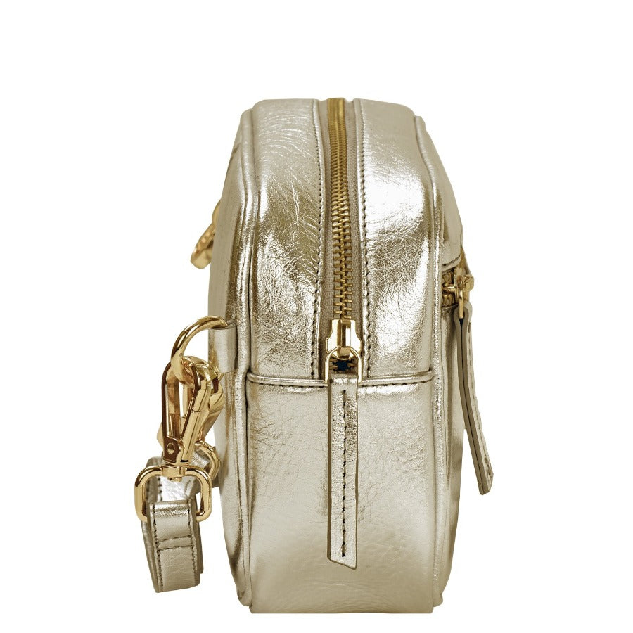 Gold Convertible Leather Cross Body Camera Bag