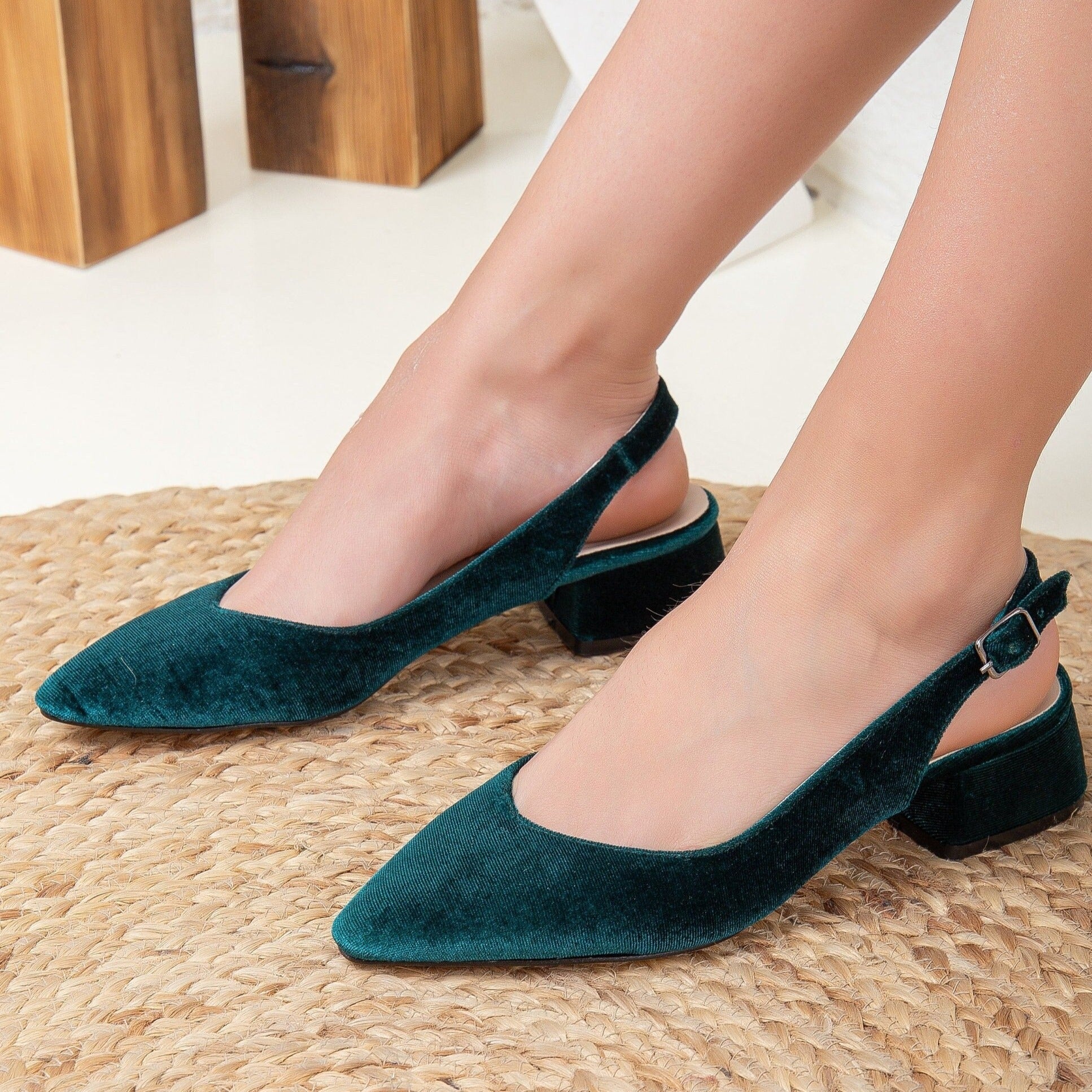 Emma - Green Velvet Slingback Shoes