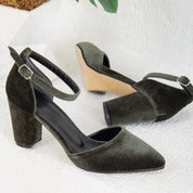 Gisele - Olive Green Velvet Heels with Ribbon