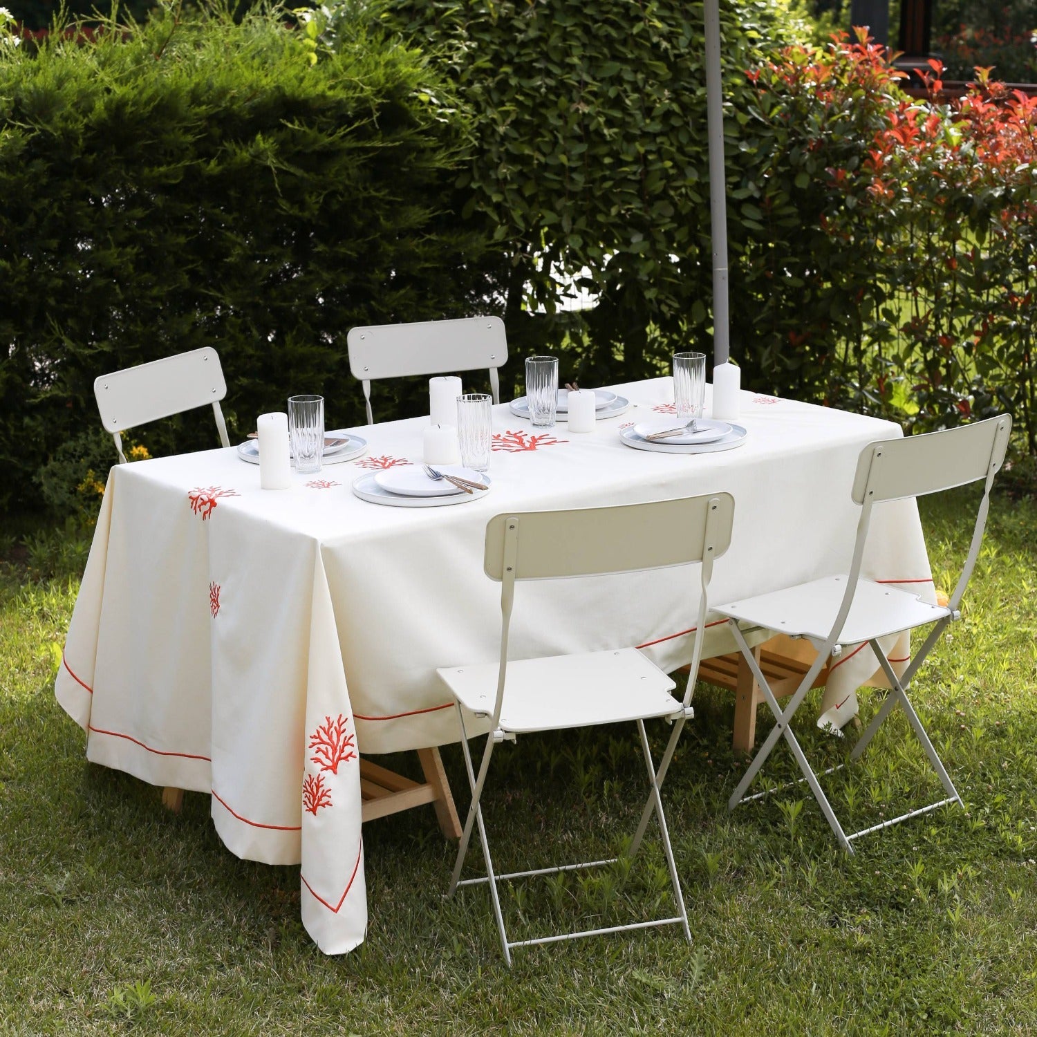 Anthozoa - Red Coral Embroidered Cotton Tablecloth