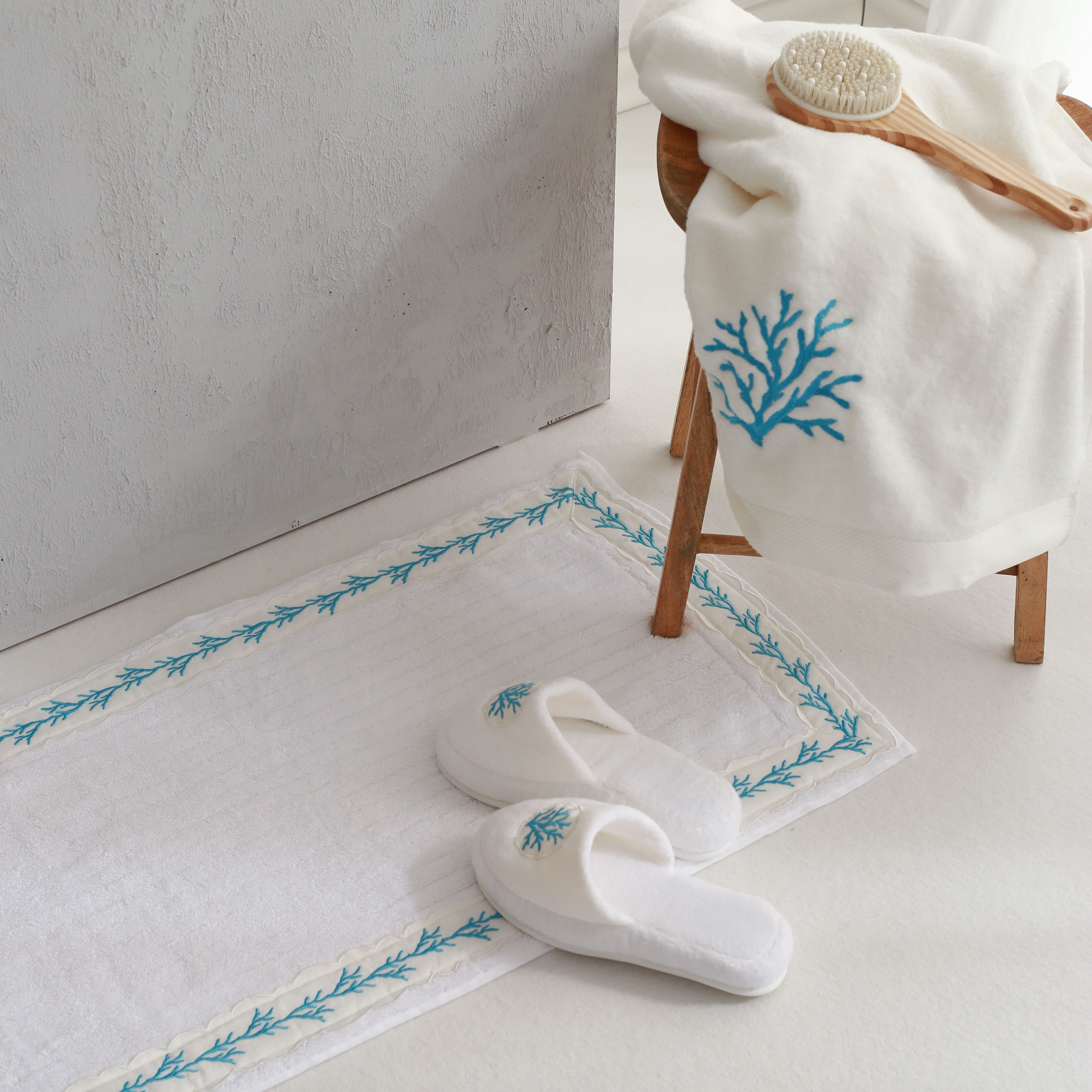 Turqoise Coral Embroidery Cotton Bath Slippers