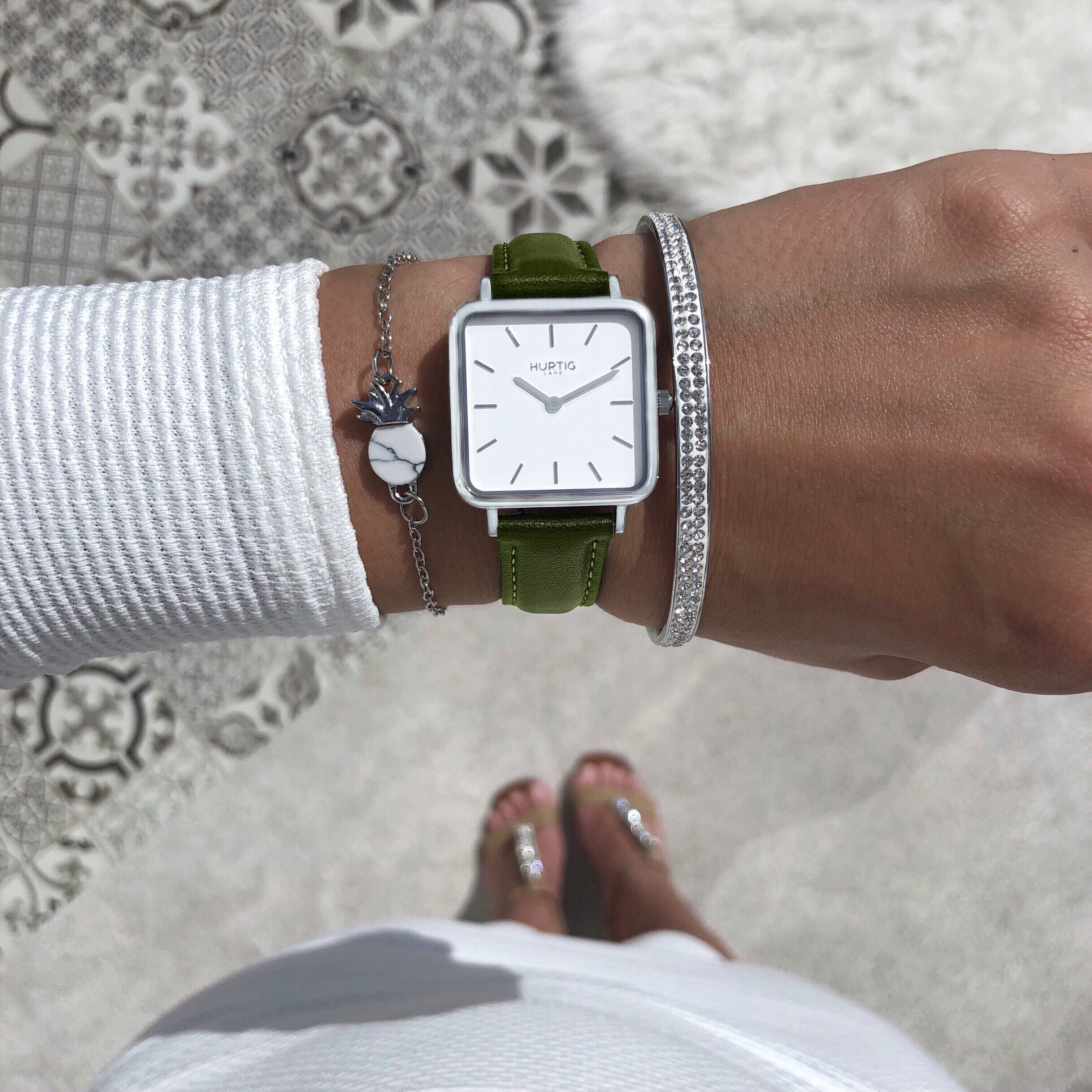 Neliö Square CACTUS Leather Watch Silver, White & Green