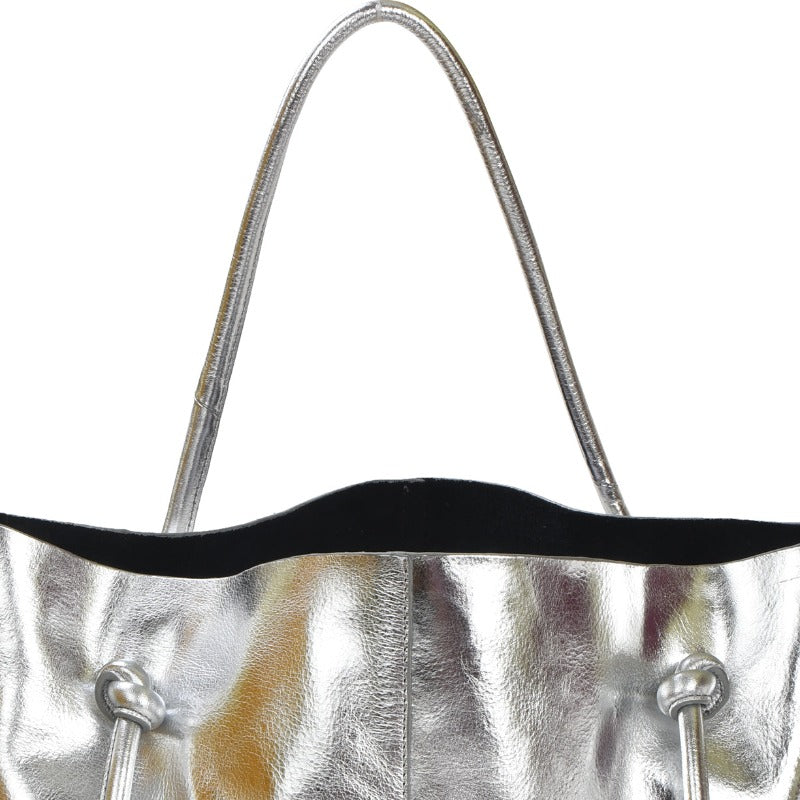 Silver Drawcord Metallic Leather Hobo Shoulder Bag